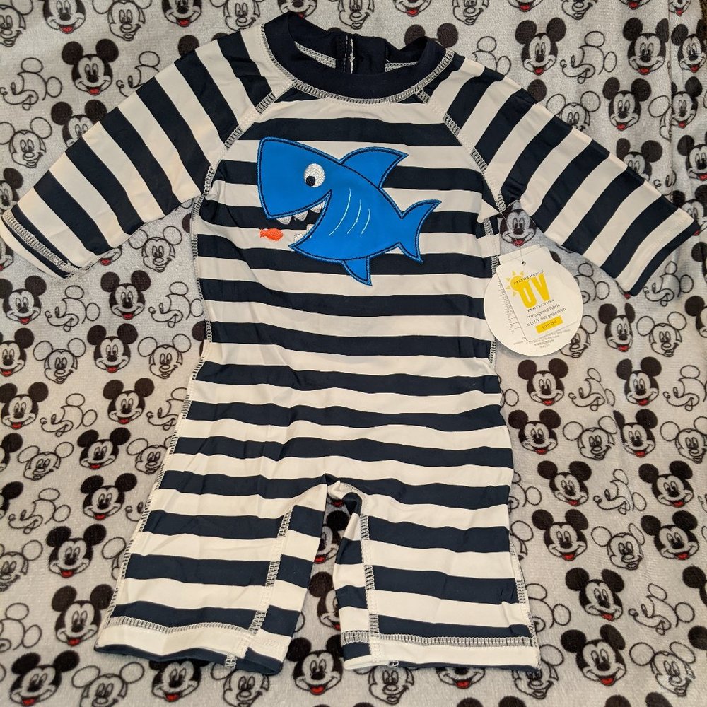 BNWT. Koala Kids Shark Boys LS Rashguard Swimsuit UPF 50 (Size 3-6 Months)